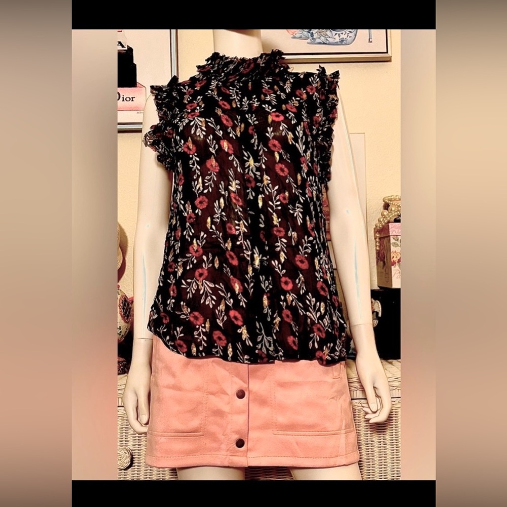 7 For All Mankind Metallic Hi-Neck Floral Blouse Pink Red Gold on Black Size S